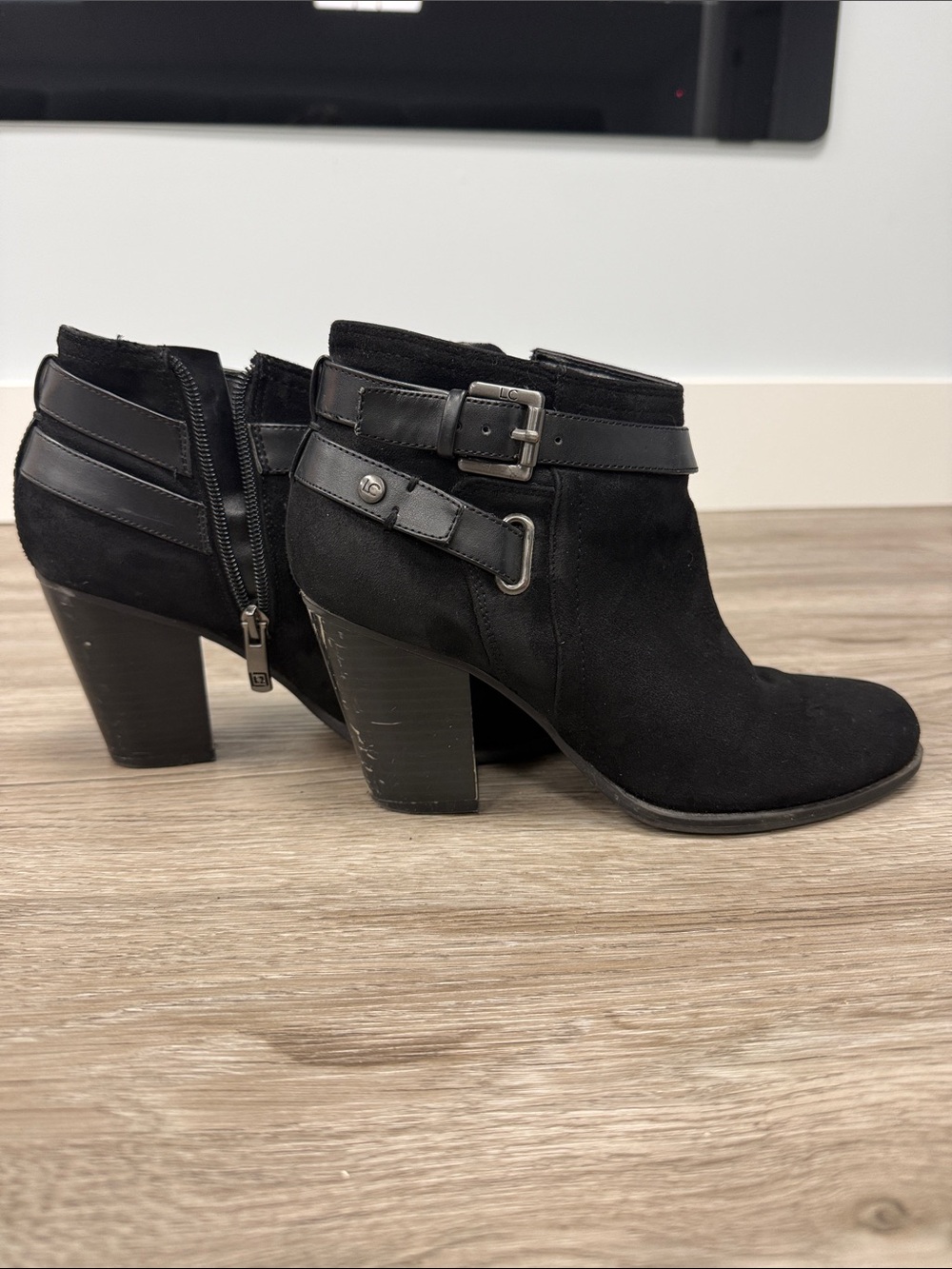 Liz Claiborne- Black Suede Ankle Booties with Buckle Strap - 7.5
